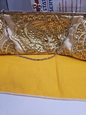 evening bag for women Apt.9 Gold Satin W/ Sequins & Beads Kiss Snap Detachable